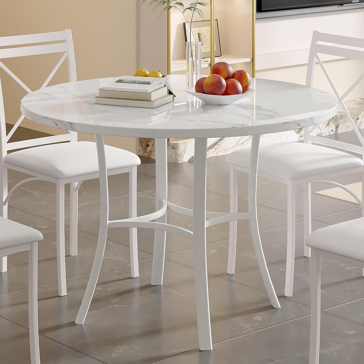 VECELO 36" Round Dining Table for 4, Faux Marble Dinette with Metal Frame for Kitchen, Apartment, Home, Space-Saving, White