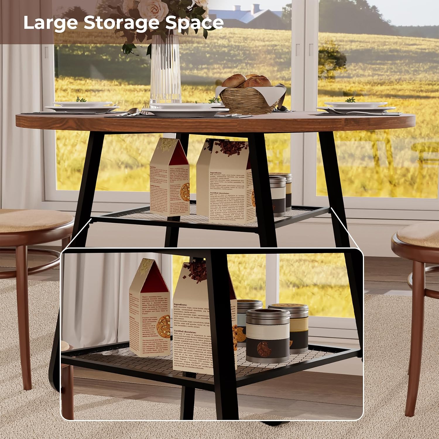 Round Dining Table for 4 People, 43.3 Inches Dining Room Table with Metal Base, Walnut Brown Dinner Tables with Open Storage, Circle Kitchen Tables for Dining Room(Table Only) (Walnut Brown)