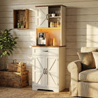 Vabches 68" Farmhouse Storage Cabinet with LED Light & Charging Station, Tall Kitchen Pantry Storage Cabinet with Storage Drawers, Coffee Bar with Hutch for Home Dining Living Room, Rustic White