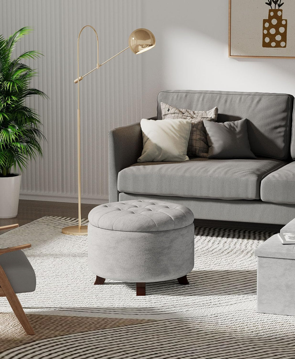 OS MOTOR Round Storage Ottoman Bench, Light Gray, 25 Inches | Multi-Functional Ottoman Foot Rest, End of Bed Bench, Storage Chest, Living Room, Bedroom, Hallway, Entryway, 300 lb Capacity