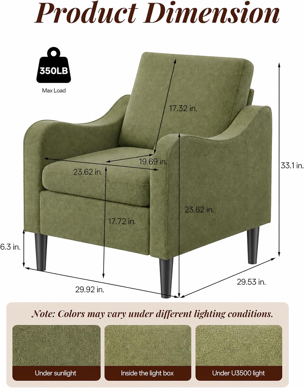 LEVELEVE Accent Arm Chair – Olive Green, Upholstered Scooped Comfy Reading Chair for Living Room, Bedroom, Apartment, Waiting Room