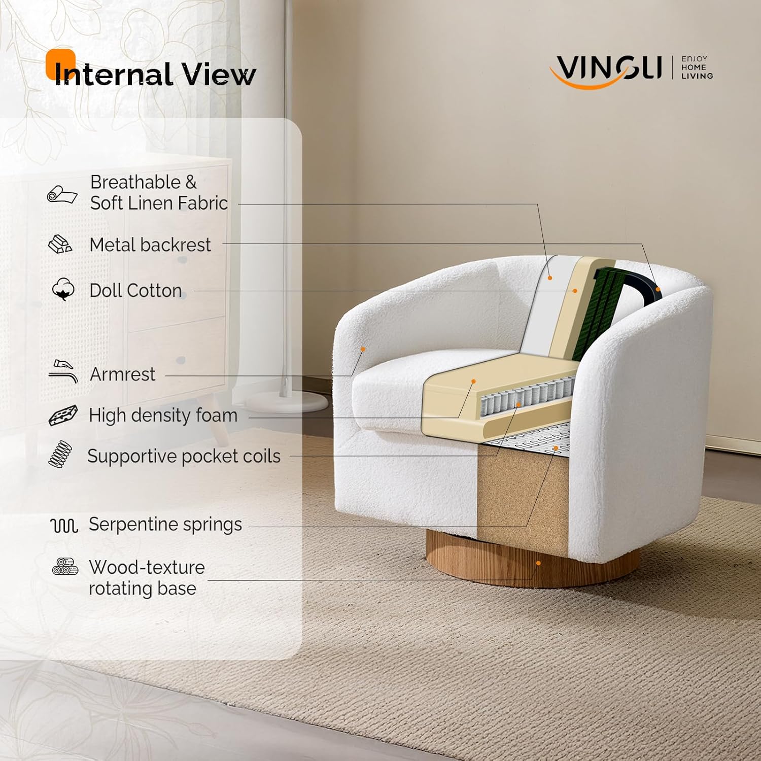 VINGLI 360°Swivel Accent Chair with Engineered Wood Base and Removable Cushion for Living Room, Bedroom, Curved Back Barrel Chair for Small Space, Upholstered Bucket Armchair, Teddy White