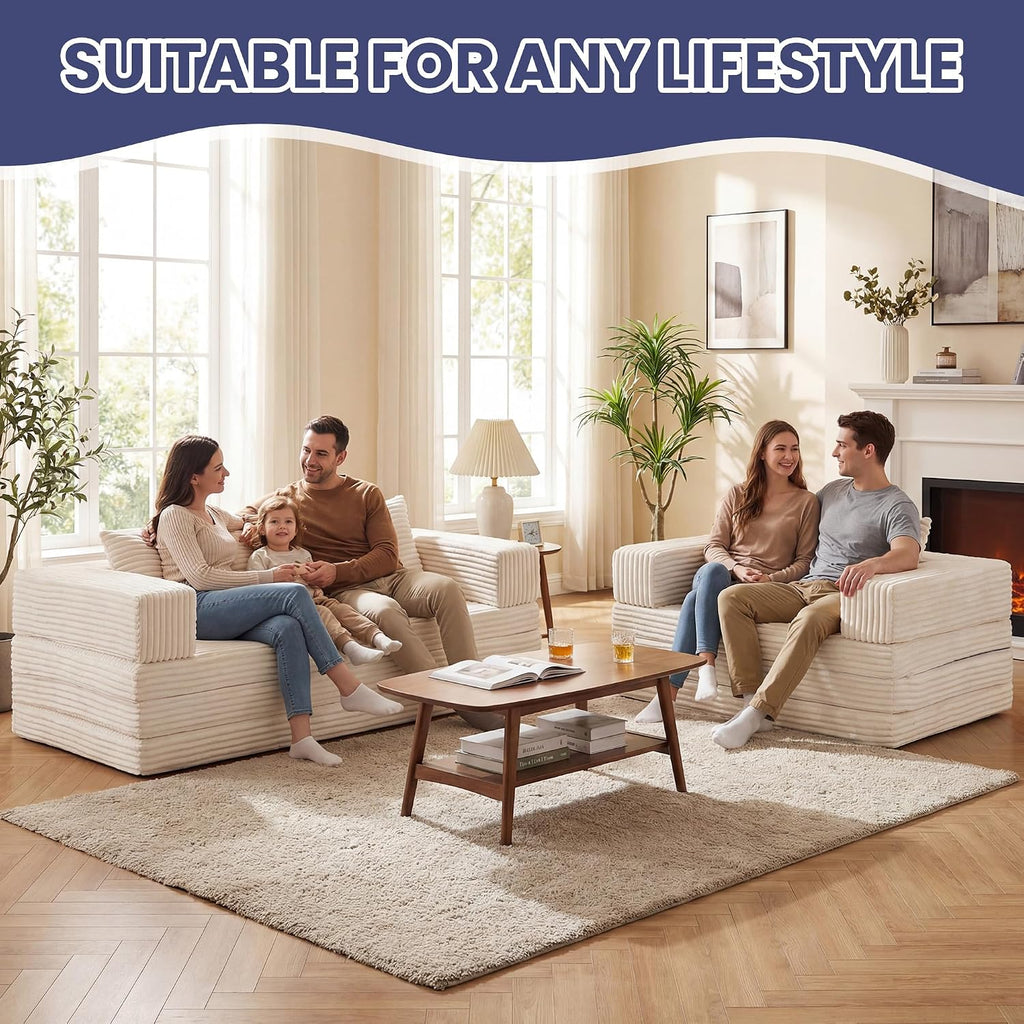 Convertible Sofa Bed, 4-in-1 Loveseat with Removable Armrests Backrest, Corduroy Futon Couch Bed with Pillow, Foldable Mattress Sleeper Sofa for Living Room Bedroom Small Place (Beige)