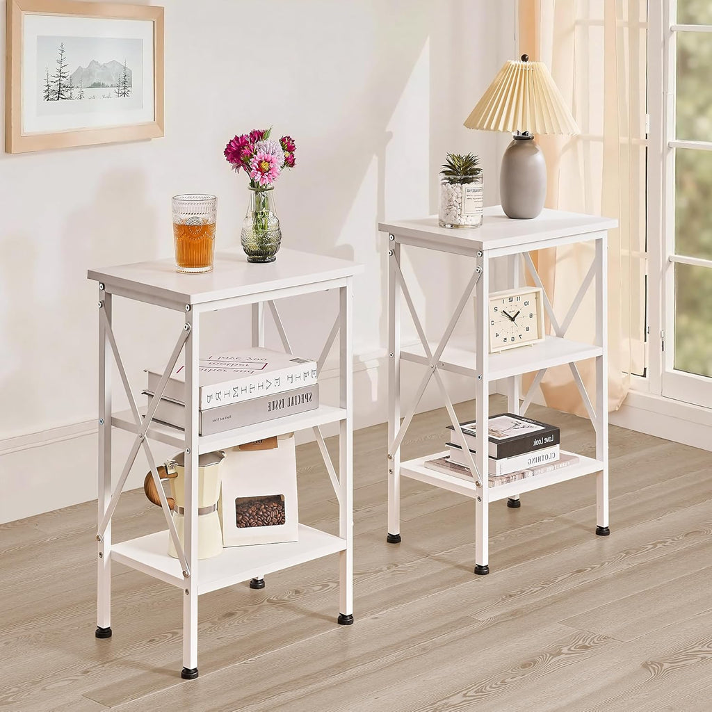 VECELO End Side Table Night Stand,X-Design with Storage Shelf for Bedroom,Living Room,White