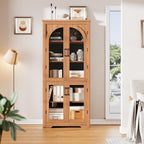 70" Kitchen Pantry Storage Cabinet - Modern Display Pantry Storage with 4 Arched Glass Doors and Adjustable Shelves, Versatile Cupboard Organizers for Kitchen, Dining Room, Living Room, Maple