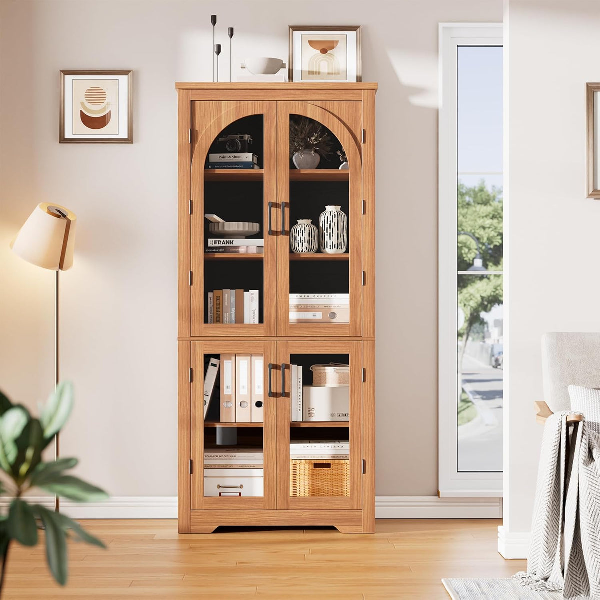 70" Kitchen Pantry Storage Cabinet - Modern Display Pantry Storage with 4 Arched Glass Doors and Adjustable Shelves, Versatile Cupboard Organizers for Kitchen, Dining Room, Living Room, Maple