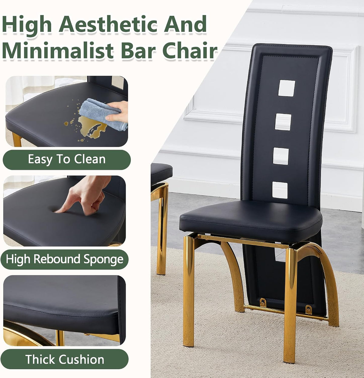 Dining Chairs Set of 2, Upholstered Kitchen Chairs | Faux Leather Cushion and Metal Legs, Modern Dining Room Chair for Restaurant Kitchen, Black and Gold