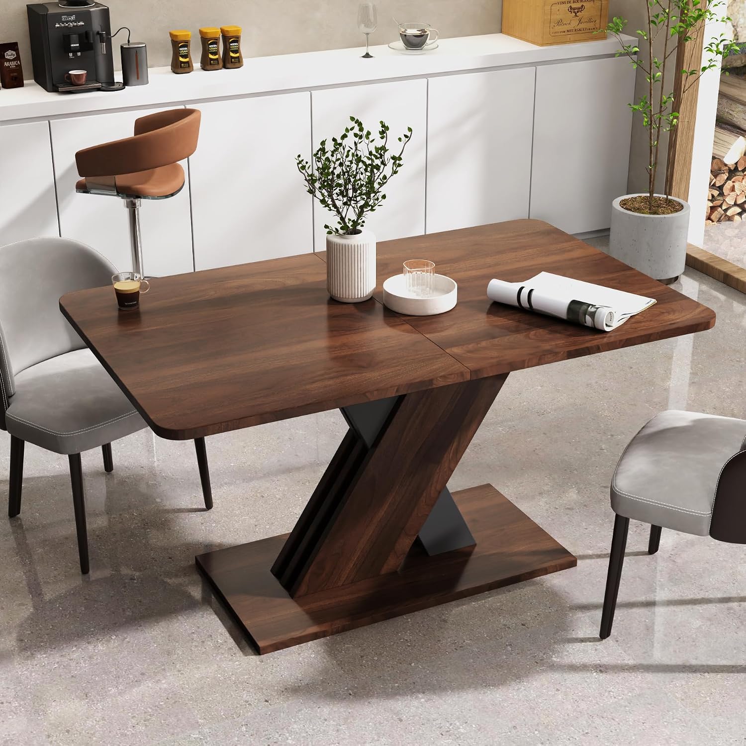 70.87'' Extendable Wood Dining Table, Modern Multifunctional Rectanglar Kitchen Dinner Table for Living Room Home Office, X-Shaped Base, Easy Assembly, Walnut