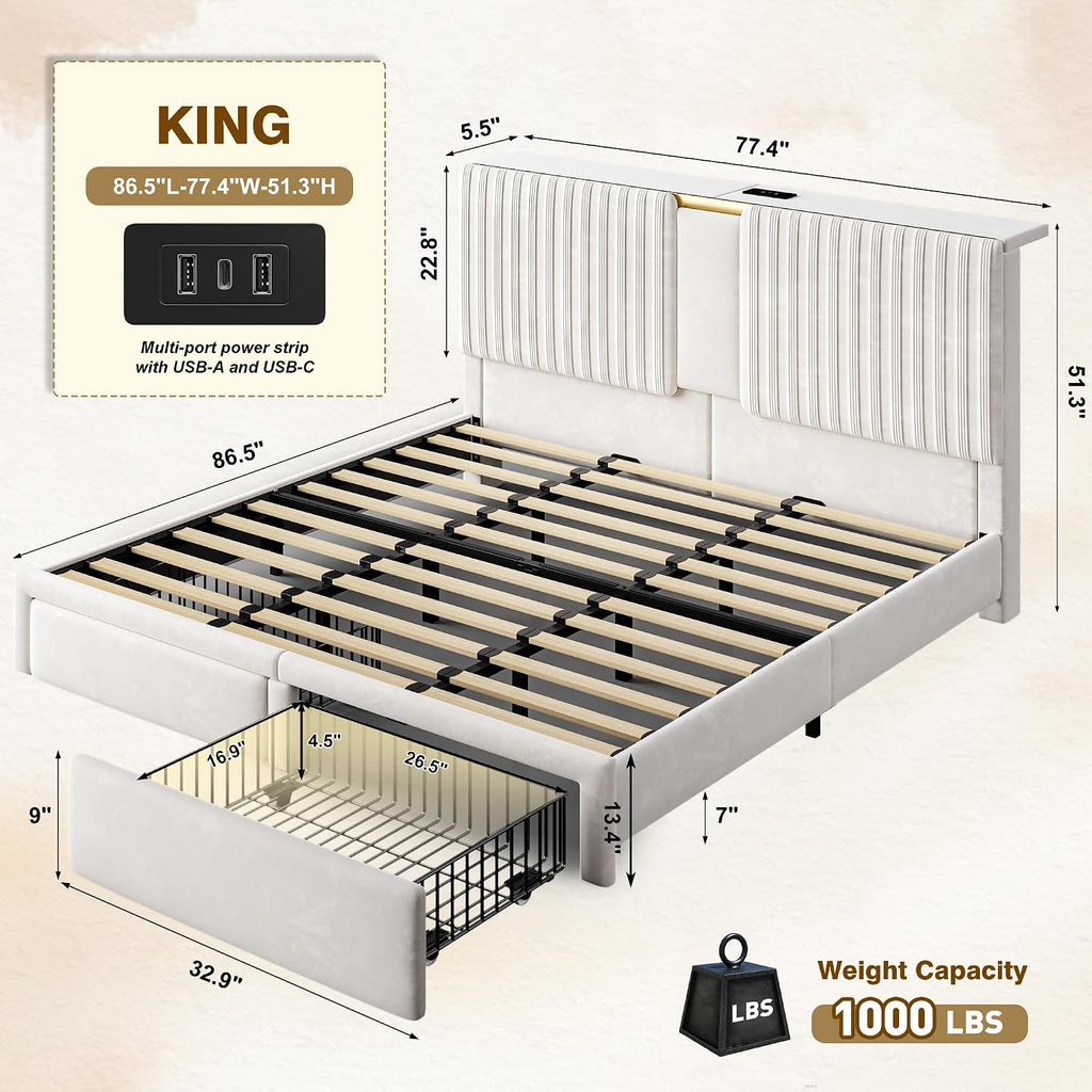 Homkdom King Bed Frame,51.3" Tall Velvet Storage Headboard,2 Drawers,Beige