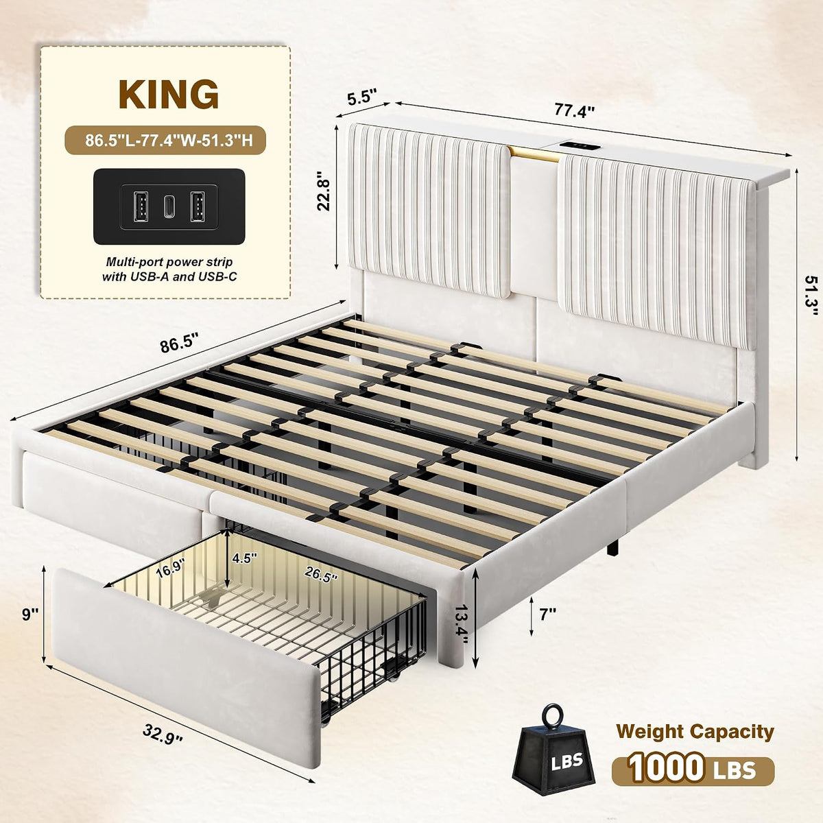Homkdom King Bed Frame,51.3" Tall Velvet Storage Headboard,2 Drawers,Beige