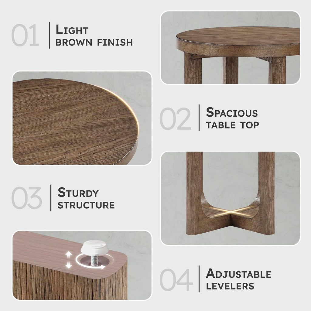 Lexicon Modern Round End Table, 20 Inch Dia. Wood Living Room Side Table, Walnut Veneer, Sturdy Geometric Wood Base, for Living Room/Lounge/Office/Waiting Area, Easy Assembly, Light Brown