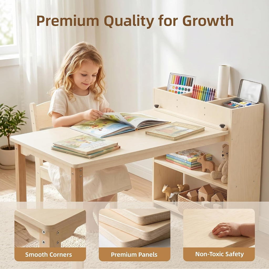 Kids Table and Chair Set, Wooden Toddler Activity Table with Storage Cabinet, Birch Art Desk for Drawing, Crafts, Reading and Games, 1 Chair Included