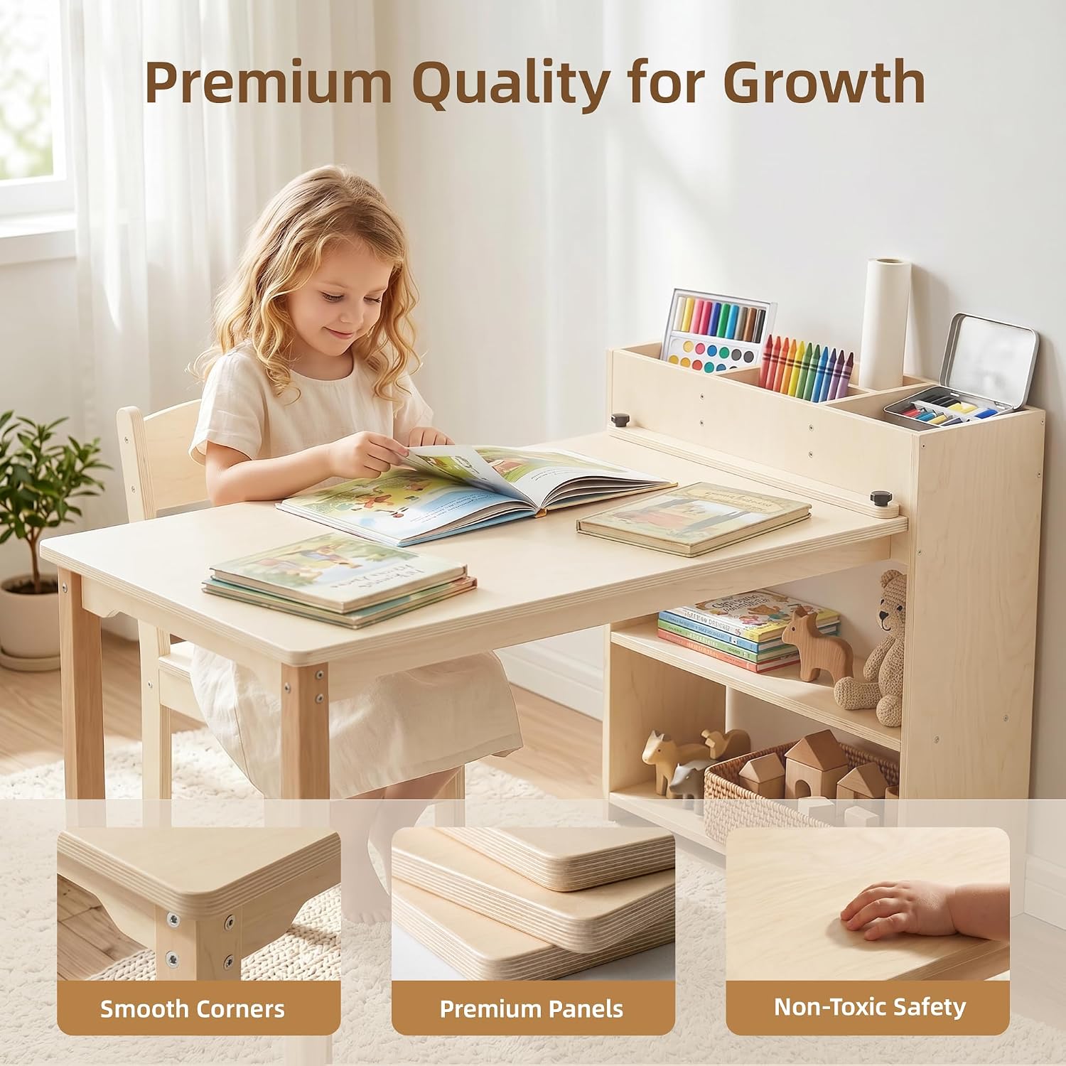 Kids Table and Chair Set, Wooden Toddler Activity Table with Storage Cabinet, Birch Art Desk for Drawing, Crafts, Reading and Games, 1 Chair Included