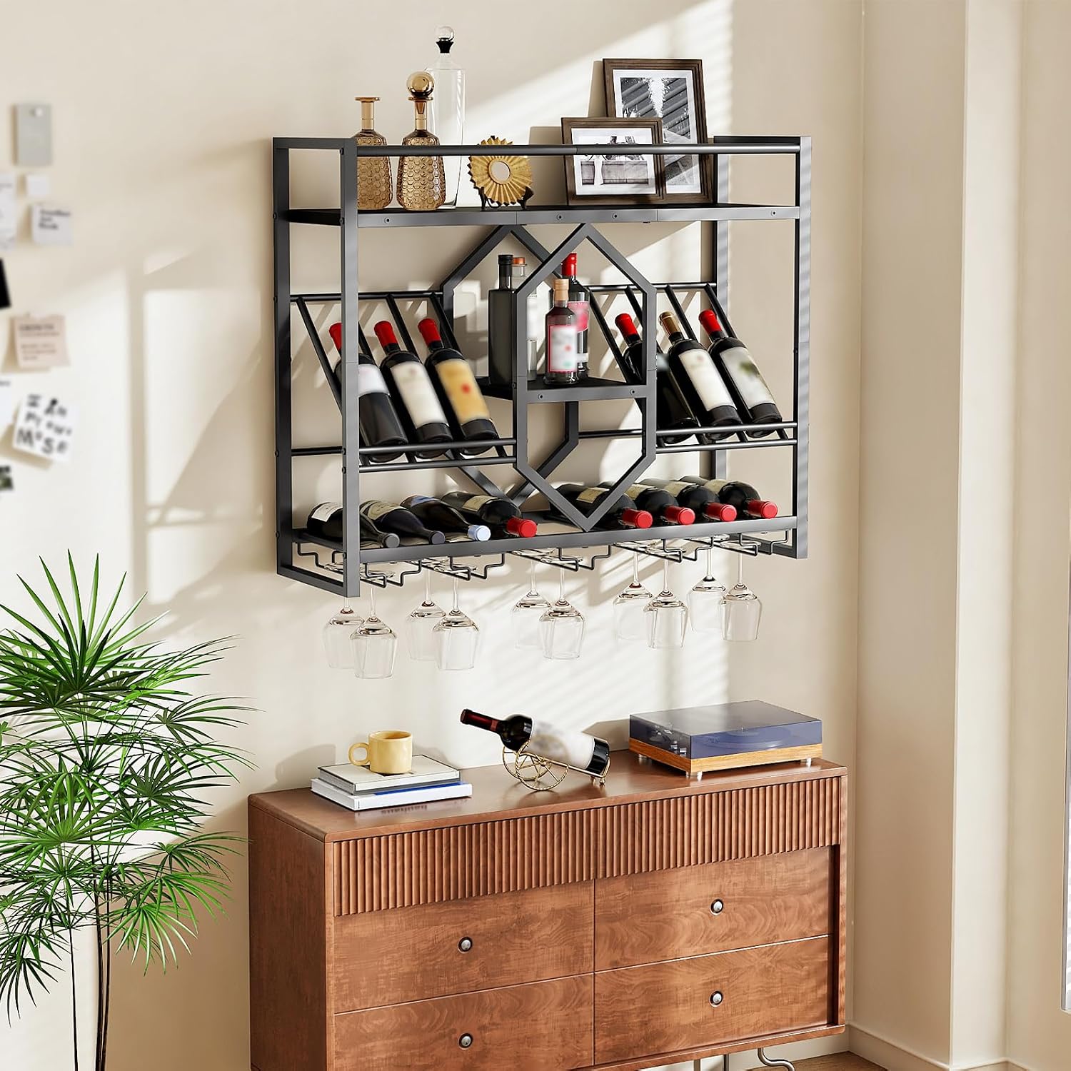 HOOBRO Wall Mounted Wine Rack with LED Light, 31.5" Wine Shelf, 3 Tier Wine Bottle Display Shelf with Glass Holder, Hanging Bar Liquor Storage Rack, for Kitchen, Bar, Black BB73DBJ01