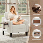 Upholstered Accent Chair with Foldable Side Table for Living Room | 2 Side Pockets, Modern Linen Armchair Wooden Fabric Chairs for Living Room, Comfy Reading for Bedroom/Office