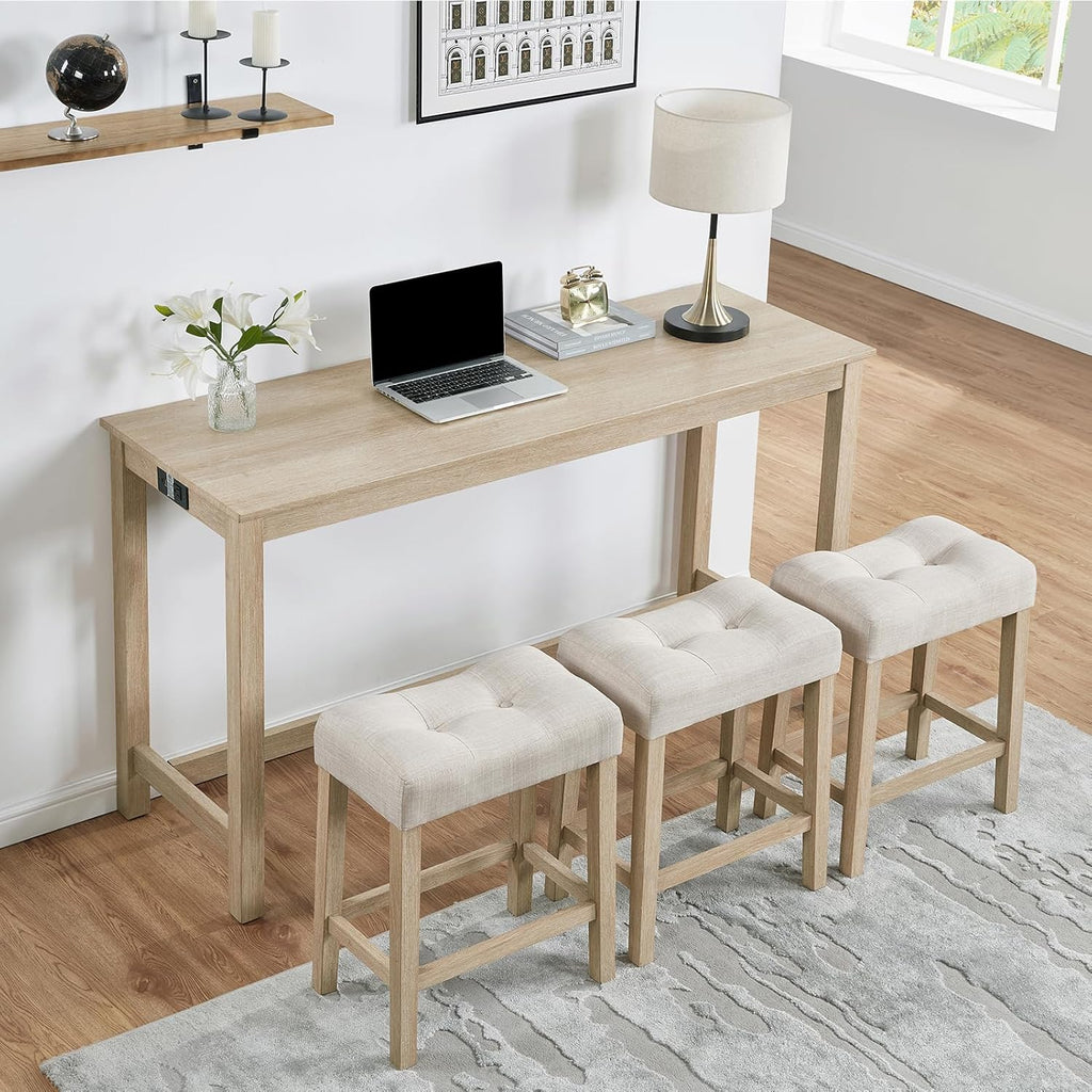 59" Counter Height Bar Table Set with Power Outlet, Industrial Breakfast Table with 3 Padded Stools, 4 Piece Bar Table and Chairs Set for Living Room, Dining Room, Light Oak