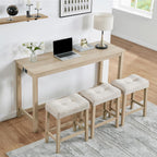 59" Counter Height Bar Table Set with Power Outlet, Industrial Breakfast Table with 3 Padded Stools, 4 Piece Bar Table and Chairs Set for Living Room, Dining Room, Light Oak