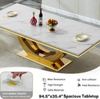 94" White Dining Table for 6-10, Modern Rectangular Kitchen Table with Faux Marble Table Top and Double U-Shaped Gold Stainless Steel Base, Large Long Dinner Table for Kitchen Dining Room