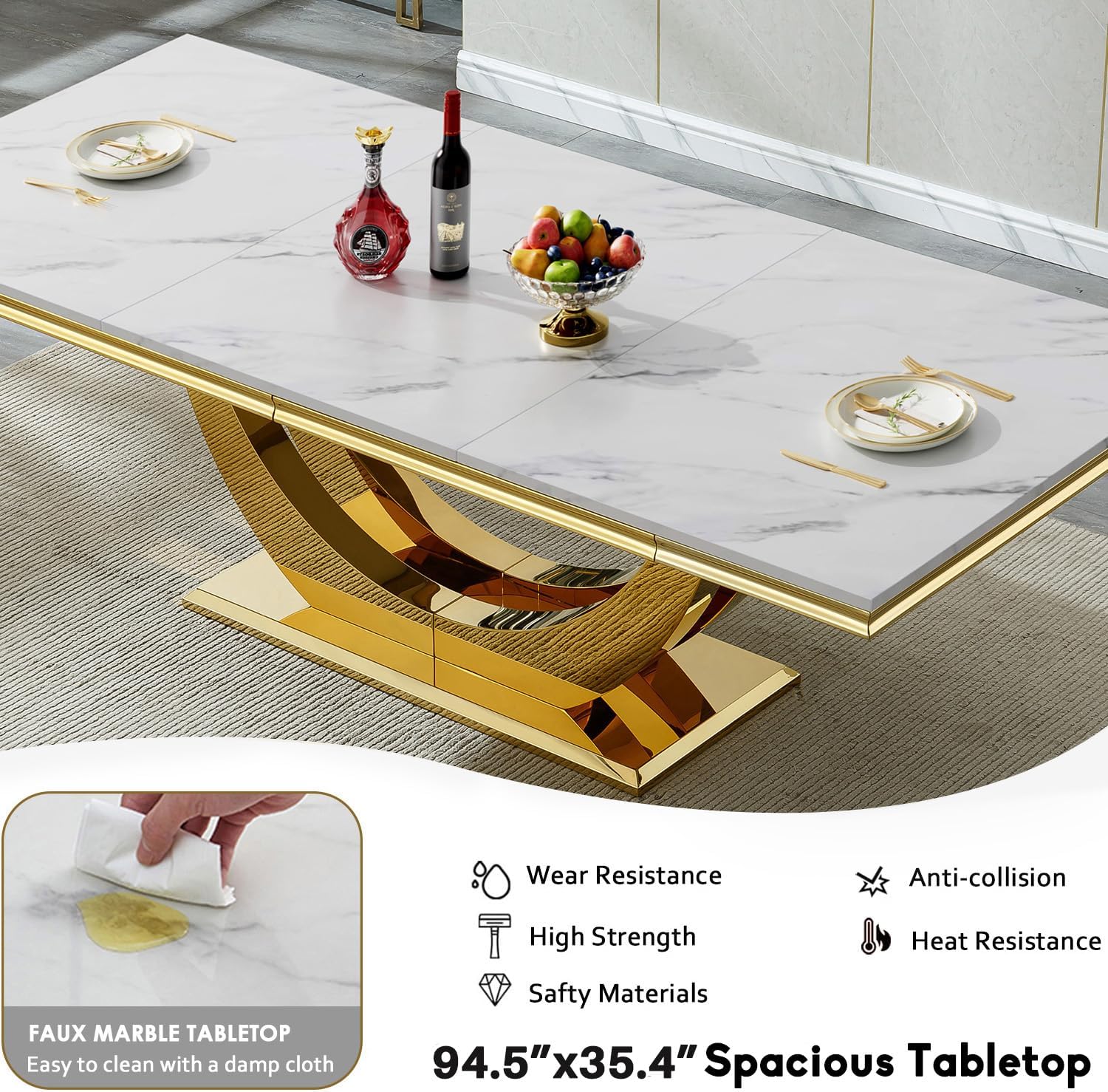 94" White Dining Table for 6-10, Modern Rectangular Kitchen Table with Faux Marble Table Top and Double U-Shaped Gold Stainless Steel Base, Large Long Dinner Table for Kitchen Dining Room