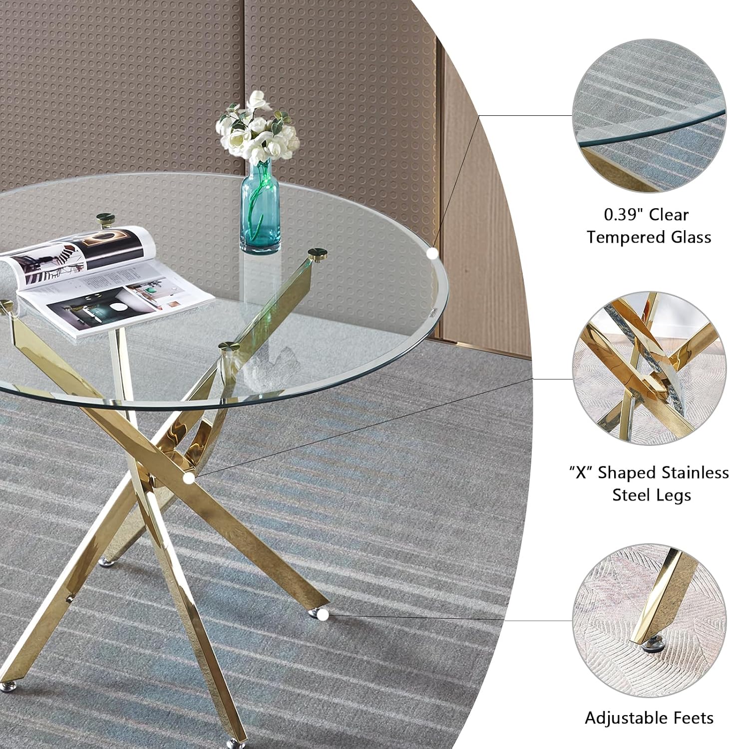 36" Glass Dining Table for 2-4, Modern Dining Room Table with 0.39" Tempered Glass Top and Cross X-Shaped Gold Stainless Steel Base, Round Kitchen Dinner Table for Dining Room