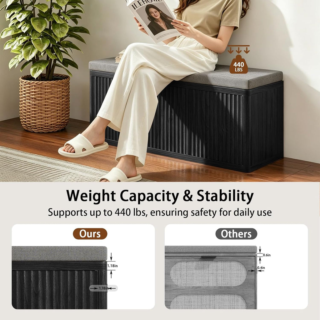 2-Tier Shoe Storage Bench with Cushion, 41.3" Entryway Bench with Padded Seat Cushion, Hidden Shoe Cabinet Storage for Hallway, Living Room, Bedroom,Black