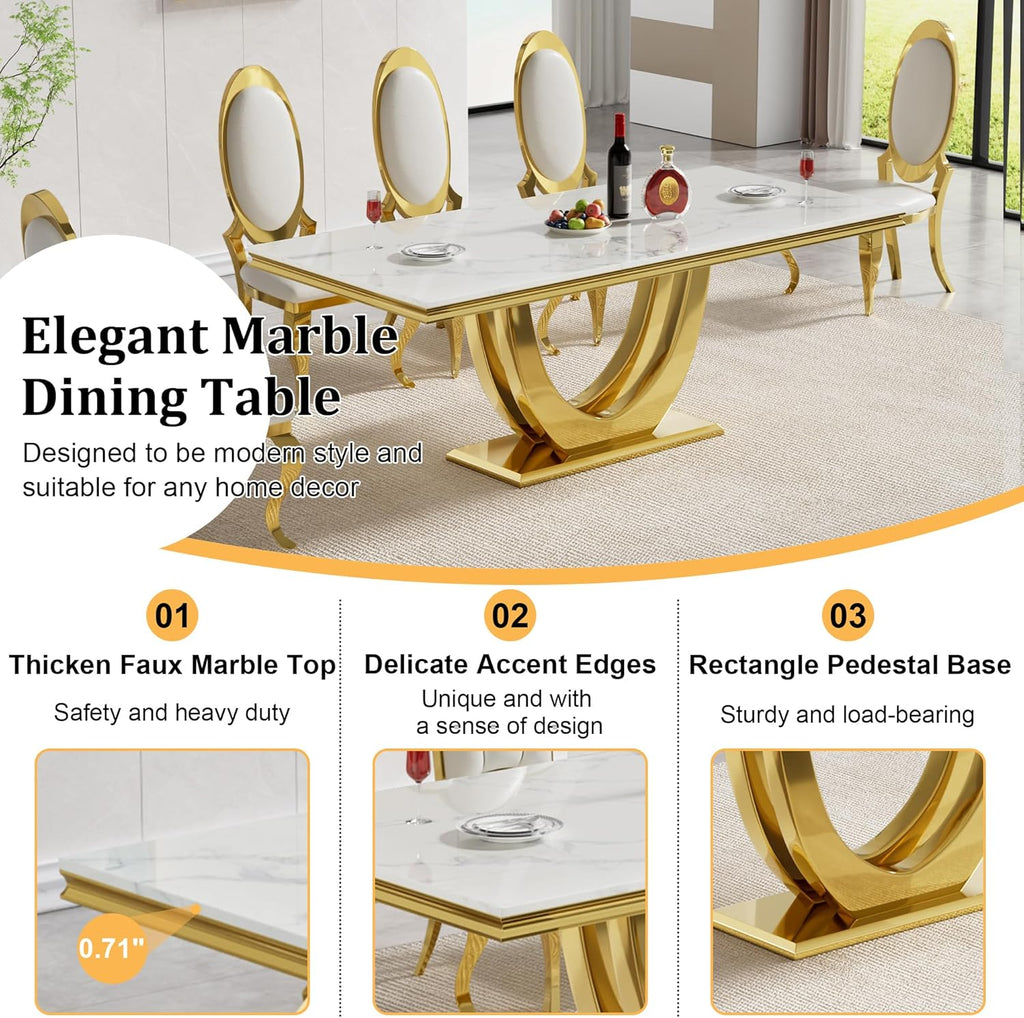 70" White Marble Dining Table, Luxury Kitchen Table for 6 8, Large Rectangular Dinner Table with U Shaped Gold Stainless Steel Pedestal, Mid Century Modern Dining Table for Kitchen Dining Room