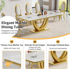 70" White Marble Dining Table, Luxury Kitchen Table for 6 8, Large Rectangular Dinner Table with U Shaped Gold Stainless Steel Pedestal, Mid Century Modern Dining Table for Kitchen Dining Room