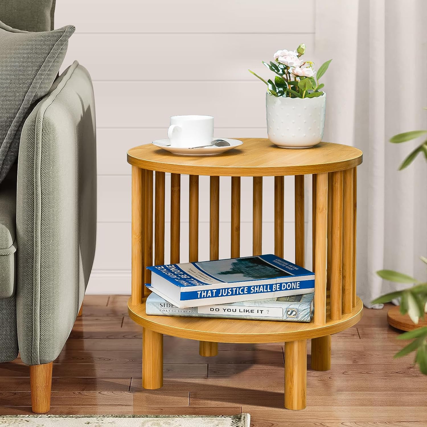 MFSTUDIO Bamboo Nightstand End Table Set of 2, Round 15.7" Bedside Tables with 2-Tier Open Storage for Small Spaces, 2 Pieces Farmhouse Natural Bamboo Wood End Table for Living Room