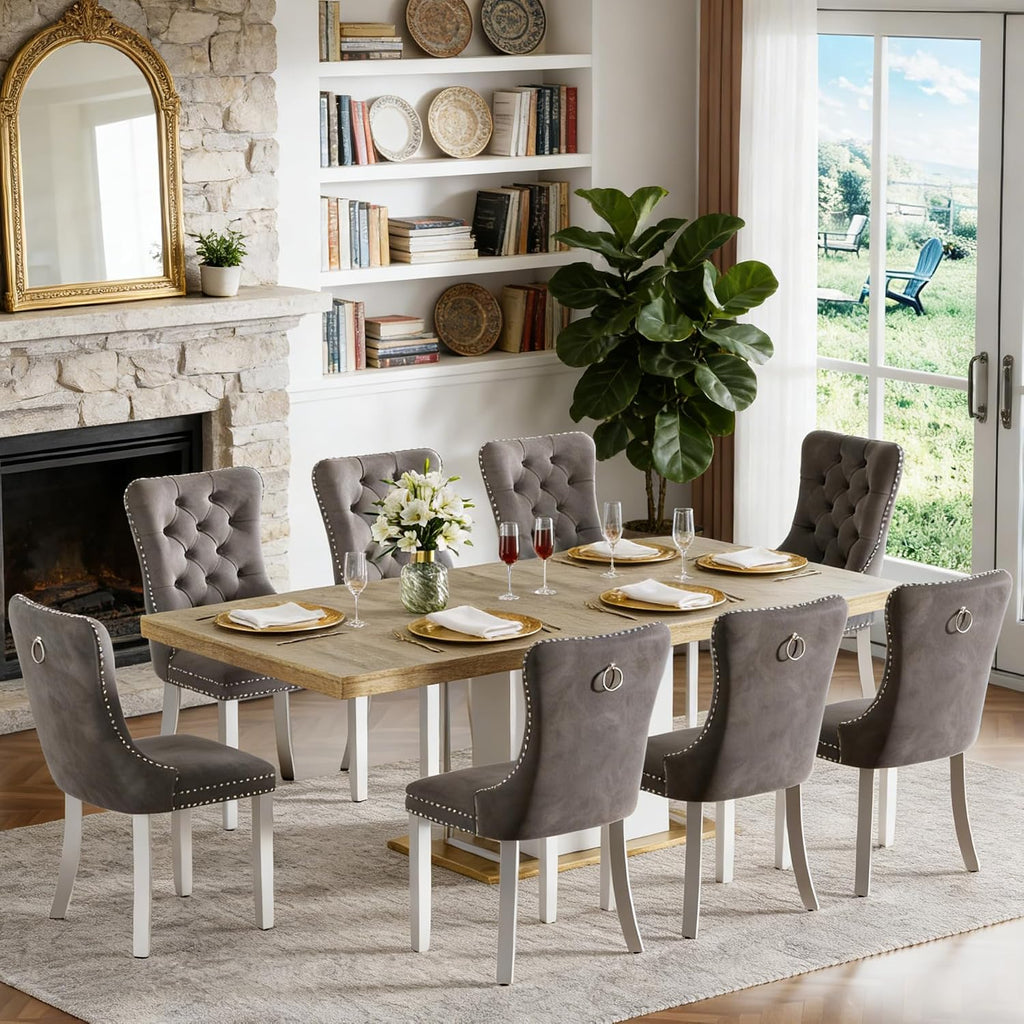 78.7" Farmhouse Extendable Dining Room Table Set for 8, 9-Piece Rectangle Kitchen Dining Table Set with Wood Base and 8 Grey Velvet Dining Chair, Extending Kitchen & Dining Table Set