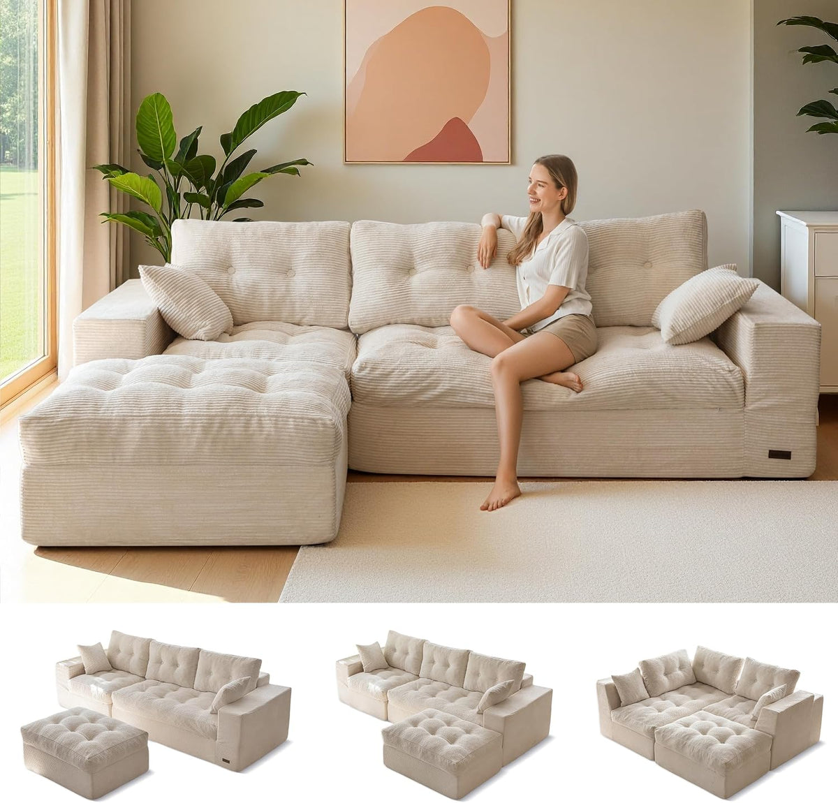 MAXYOYO Couch, 96-Inch L-Shaped Cloud Couch with Ottoman | Beige Layered Cushioning and Flexible Modules Create an Upholstered Sofa in a Box with No Assembly for Spacious Living Rooms.