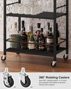 TUTOTAK Bar Cart with Wheels, Mini Drink Cart with Wine Rack & Glass Holder | 3-Tier 17 Inch Wide Home Bar Serving Carts, Small Mobile Kitchen Shelf with 6 Hooks, Black V1BC01BK035
