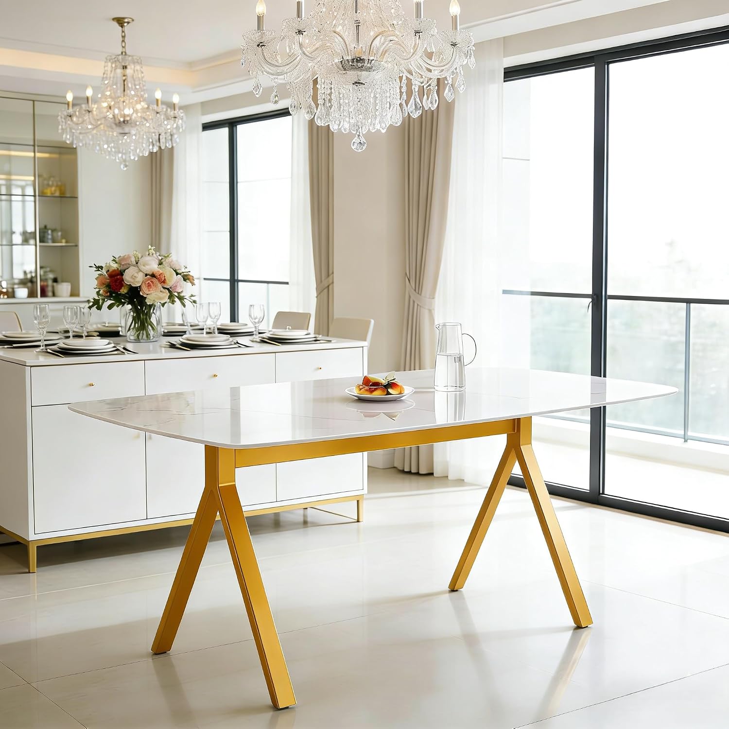 51.2 Inch Faux Marble Dining Table,Rectangular Glass Dining Table for 4-6,White Dining Room Table with Tempered Glass Tabletop and Golden Metal Legs,Luxury Dinner Table for Kitchen Apartment
