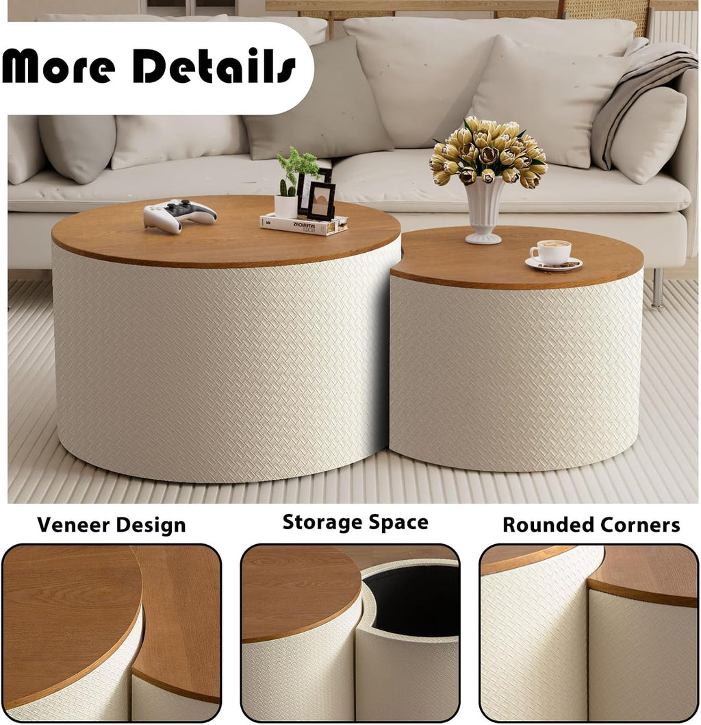26.8" Nesting Round Coffee Table Set of 2 with Storage | Stackable Round Side End Table Nesting Set, White Upholstery, Wood Frame, Built-In Storage, For Small Living Space