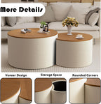 26.8" Nesting Round Coffee Table Set of 2 with Storage | Stackable Round Side End Table Nesting Set, White Upholstery, Wood Frame, Built-In Storage, For Small Living Space