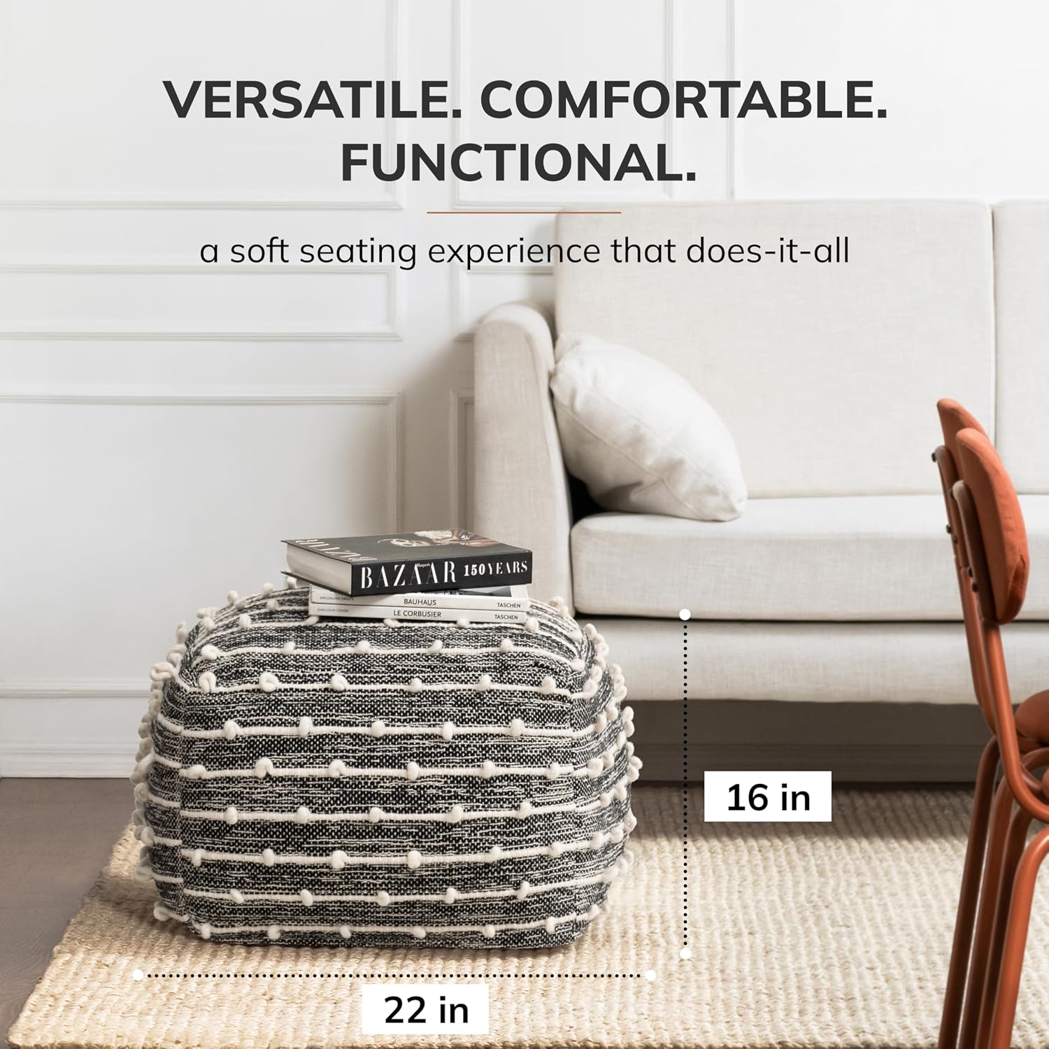 Anji Mountain Pouf Ottoman Foot Rest, Handmade Ottoman Pouf, Comfortable Foot Stool, Decorative Floor Seating for Living Room Decor, Bedroom & Home Décor Accent - Stripes
