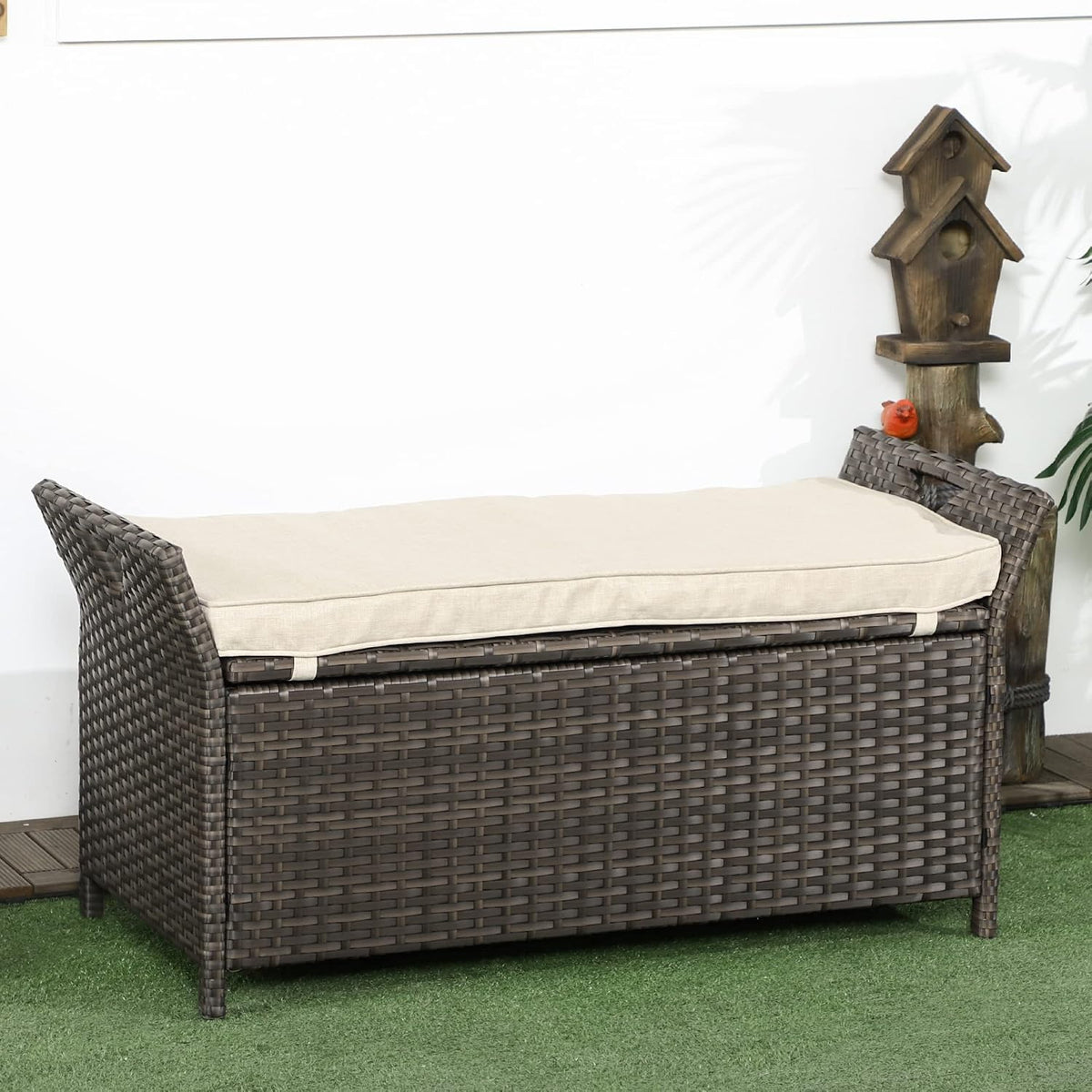 27 Gallon Patio Wicker Storage Bench, Outdoor PE Rattan Patio Furniture, 2 in 1 Large Capacity Rectangle Garden Storage Box with Handles and Cushion, Cream White