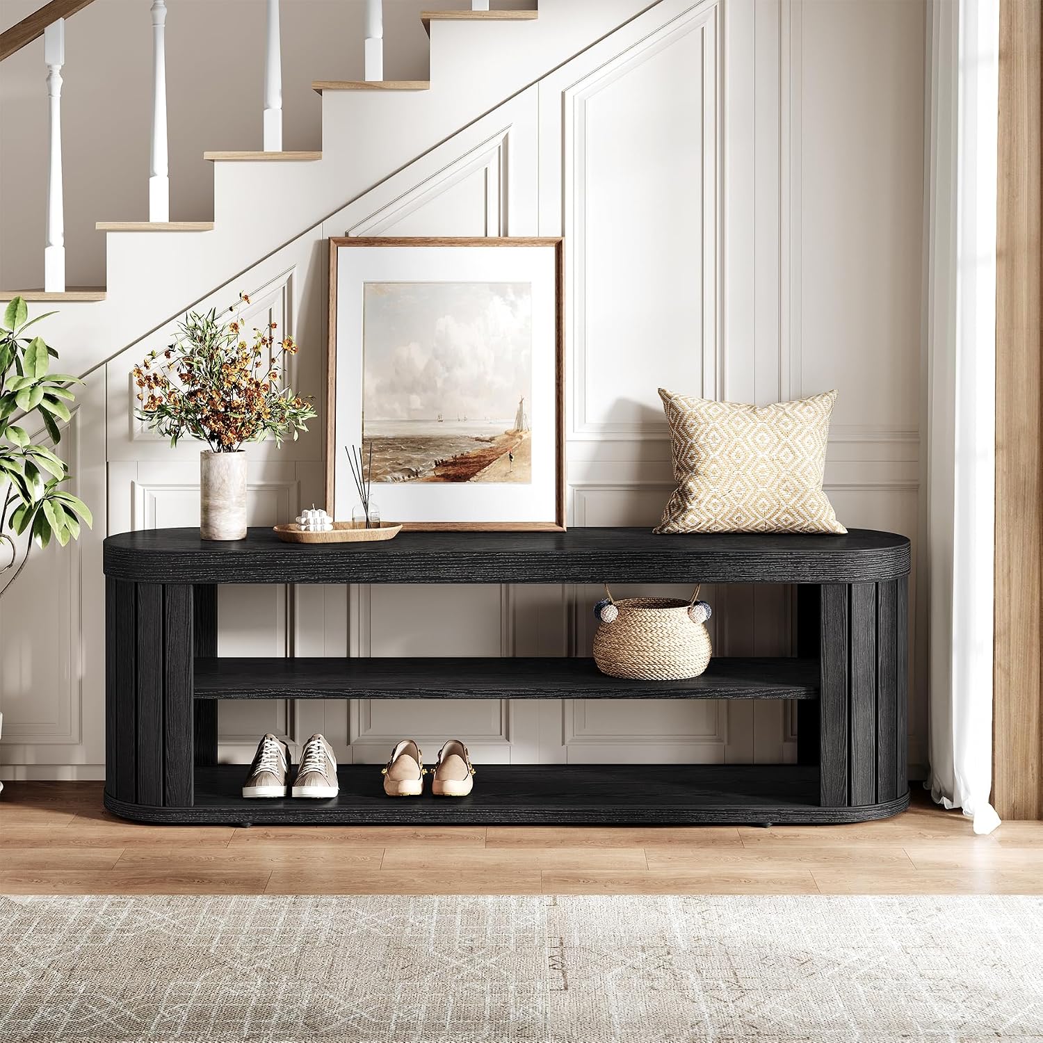 Tribesigns 47.2" Wooden Entryway Bench with 2-Tier Shoe Storage, Farmhouse Dining Bench with Adjustable Foot Pads, End of Bed Stool for Bedroom, Hallway, Living Room, Dining Room, Black