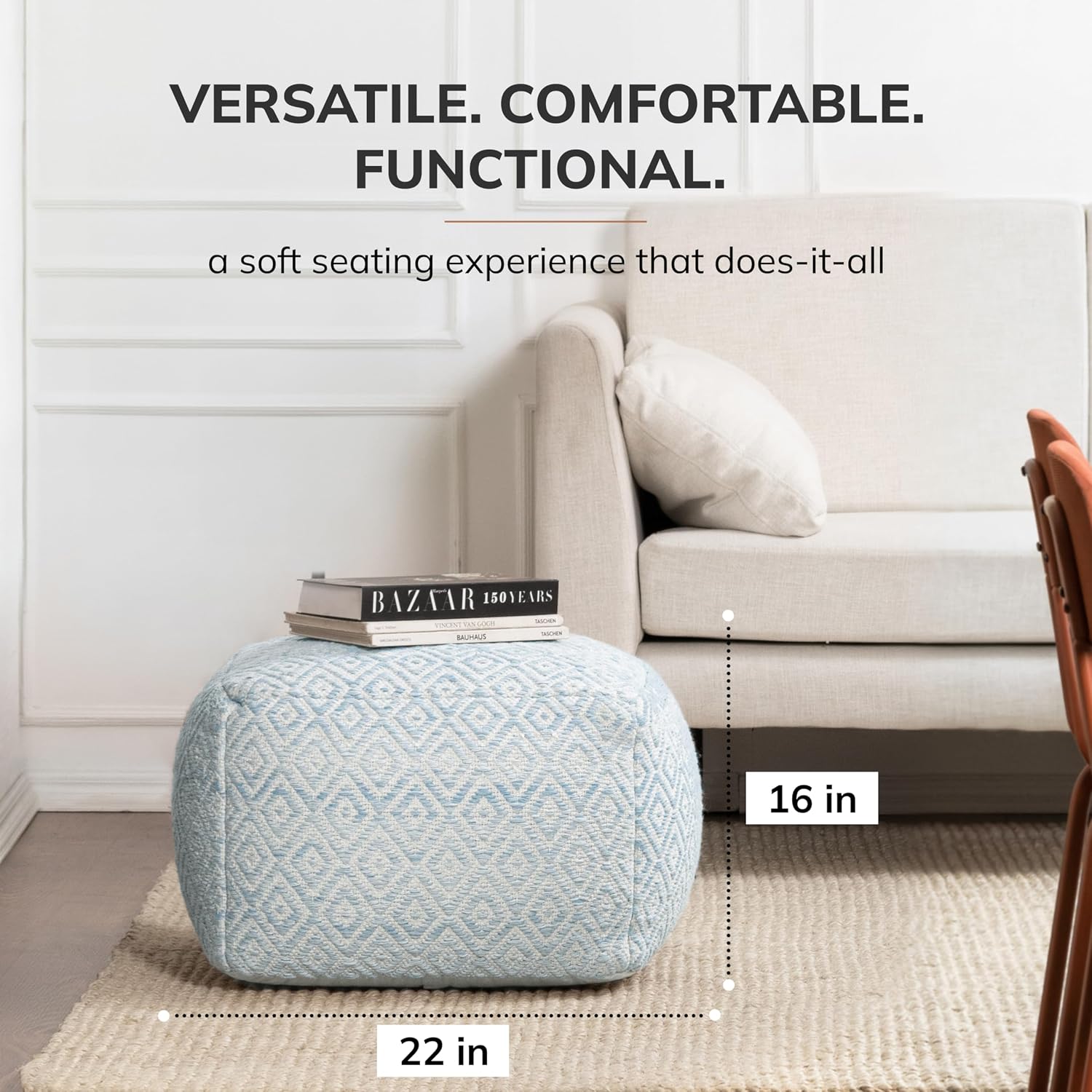 Anji Mountain Artisan Crafted Cotton Blend Pouf Ottoman | Versatile Floor Seating & Footstool for Living Room | Modern Boho Home Décor Accent | Filled Pouffe