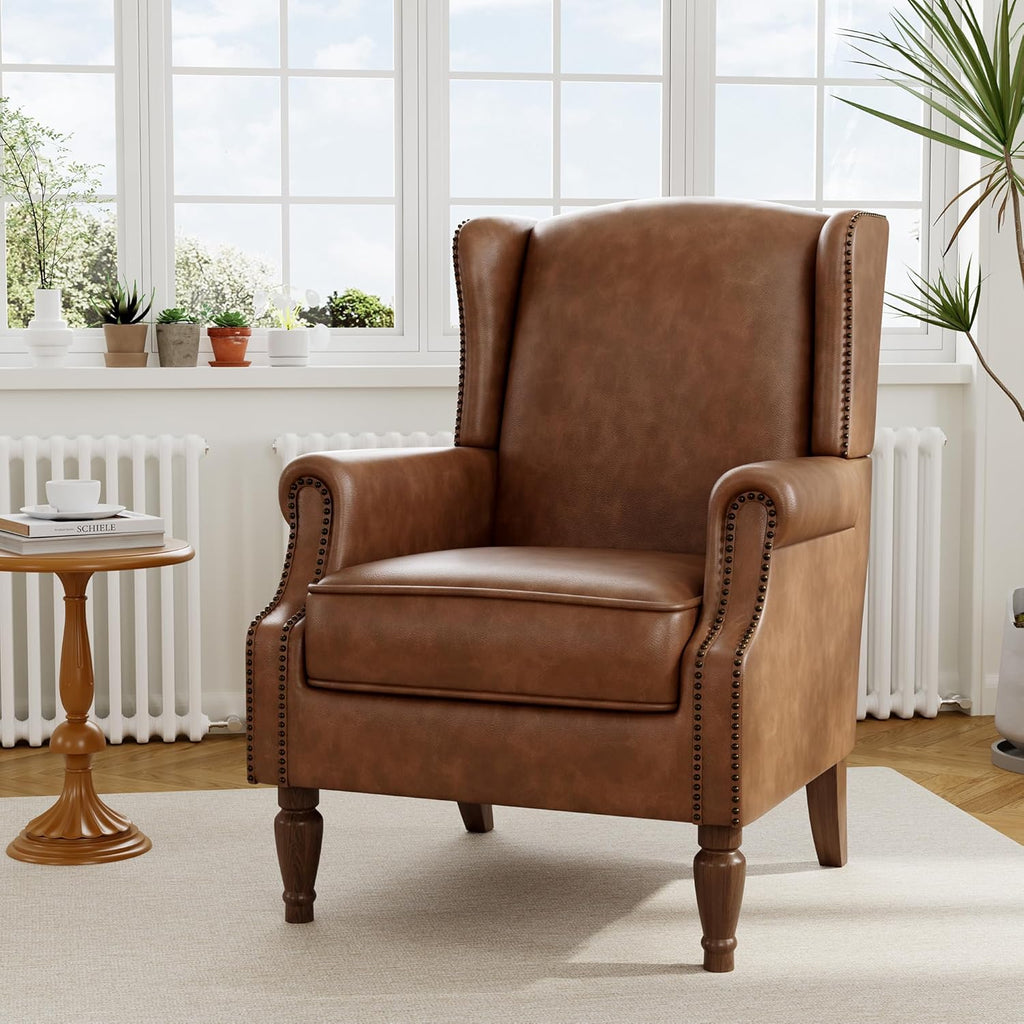 PU Leather High Back Accent Chair, Upholstered Armchair with Solid Wood Legs, Comfy Wingback Reading Single Sofa Chair for Small Spaces, Living Room, Bedroom(Leather Brown, Set of 2)