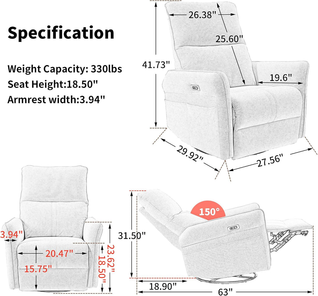 Power Swivel Rocker Recliner Chair with USB Charging Port | PU leather, 270° swivel, power recline, rocking motion, USB & Type-C ports, side pockets, 330 lb capacity, living room