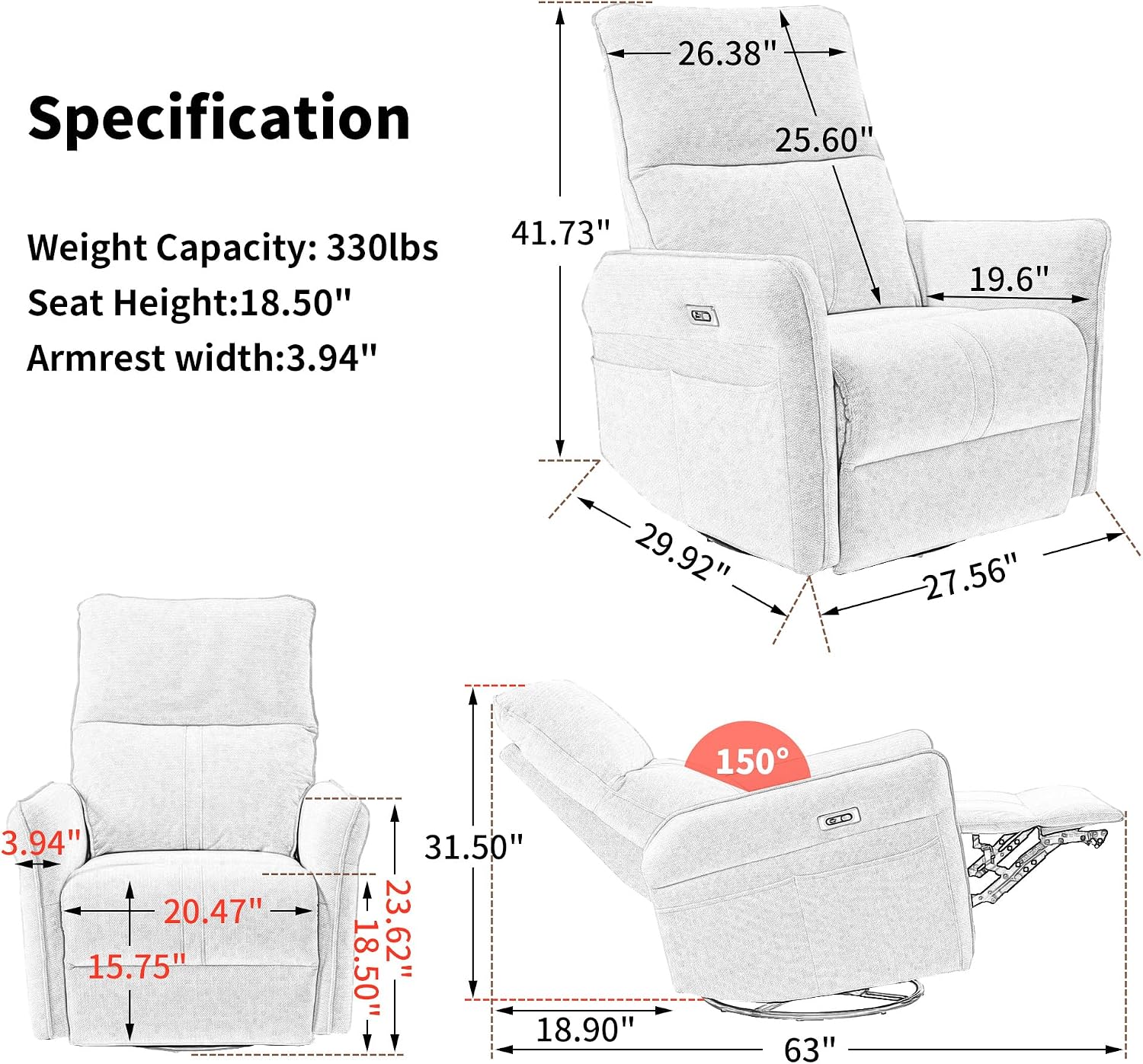 Power Swivel Rocker Recliner Chair with USB Charging Port | PU leather, 270° swivel, power recline, rocking motion, USB & Type-C ports, side pockets, 330 lb capacity, living room