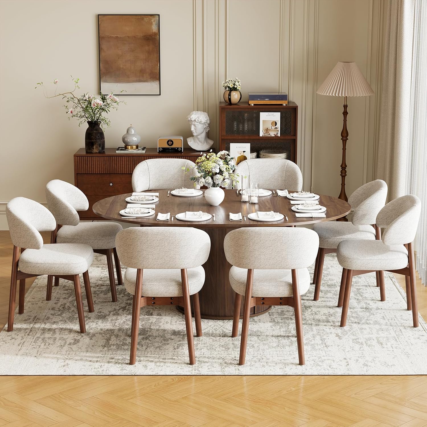 MALOL 47"-63" Extendable Round to Oval Dining Room Table Chairs Set for 4-8, Modern Wooden Kitchen Table and Chairs with Hidden Storage and Fluted Design for Dining Room/Small Space(Walnut and Beige)