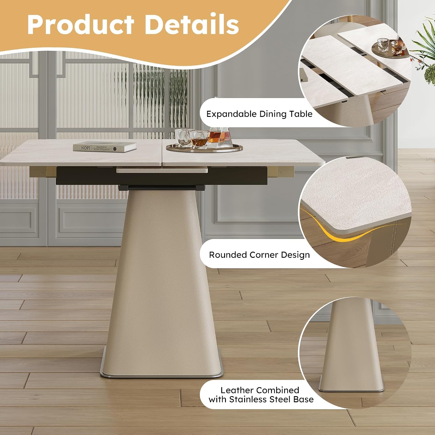 47.2" Retractable Rock Slab Folding Dining Table, Modern Expandable Kitchen Table with Leather-Wrapped Stainless Steel Base, Space Saving Square Dining Table for Small Apartments