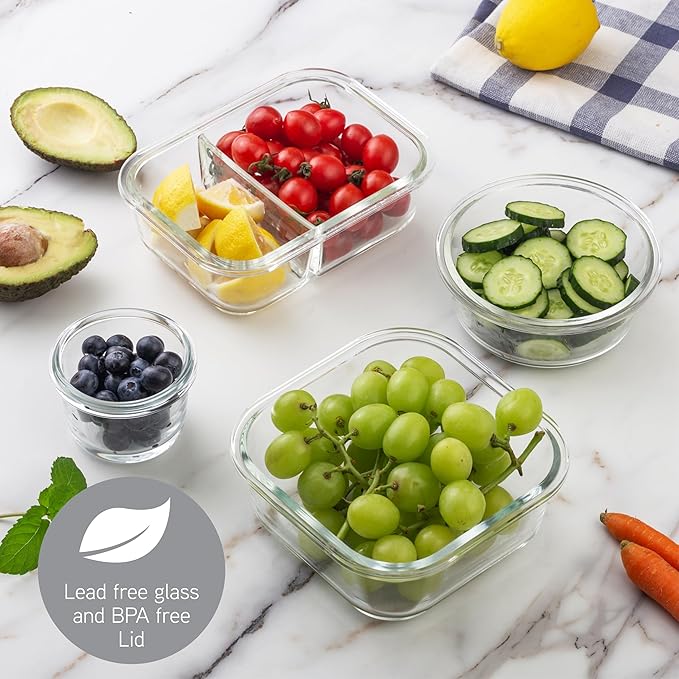COOK WITH COLOR Premium 32-Pc. Borosilicate Glass Food Container Set with Dividers - 4 Rectangles, 8 Rounds, 4 Squares - Leakproof Lids - Meal Prep, Storage, Ombre Grey