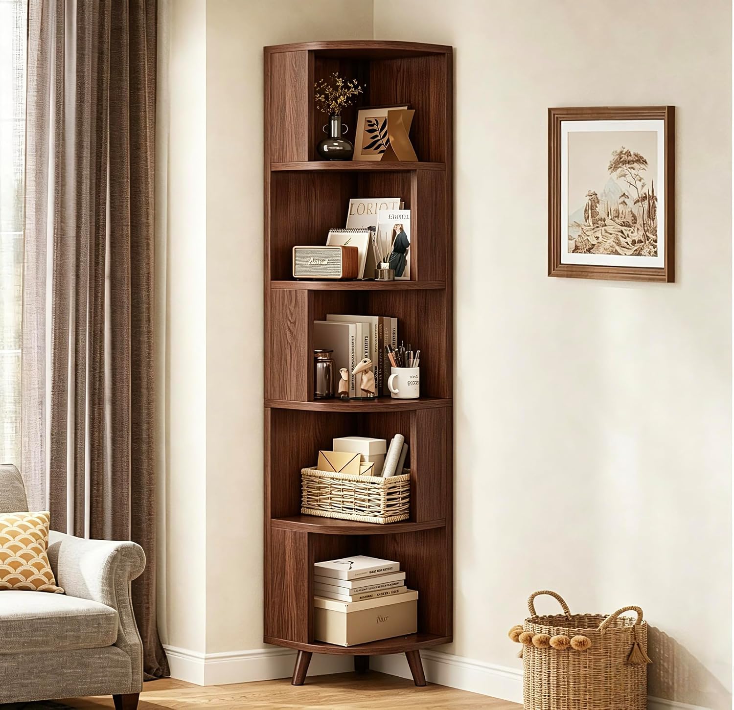 5-Tier Corner Bookshelf, Modern Corner Shelf, Freestanding Bookcase Corner Cabinet Storage Display Shelf Organizer for Living Room Home Office Bedroom Kitchen