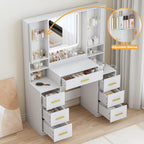 BORNOON Vanity Desk with Mirror and Lights, Makeup Vanity with 7 Drawers, 2 Glass Door Cabinets, Charging Station, Adjustable Shelves, RGB Lighting, Holder