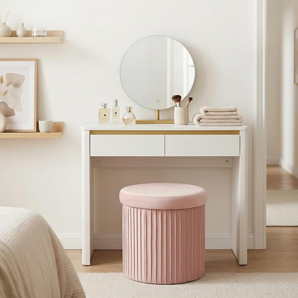 Relaxdays Velvet Stool with Storage Space Padded Foldable H 38 x D 38 cm Round Side Stool Pink