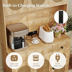 GOFLAME Kitchen Pantry Cabinet with Charging Station, 71" Tall Freestanding Kitchen Buffet with Hutch, Drawers and PE Rattan Doors, Boho Sideboard Buffet Cabinet, Natural