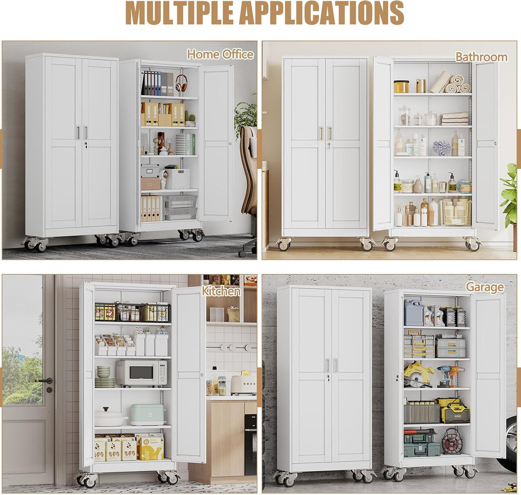 71" H Metal Pantry Storage Cabinet with Wheels,Rolling Kitchen Pantry Cabinet with 2 Doors and 4 Adjustable Shelves, Locker Steel Cabinet,Organization Cabinet for Garage,Home,Gym,School,White