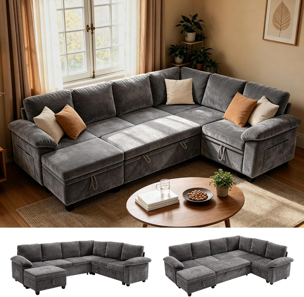 109" Sectional Sleeper 7 Sest Modular Couch Pull-Out Storage Sofa Bed | MastonHome Convertible U-Shaped Cloud Couch with Pillow Armrests, Chenille Fabric for Living Room, Apartment, Grey